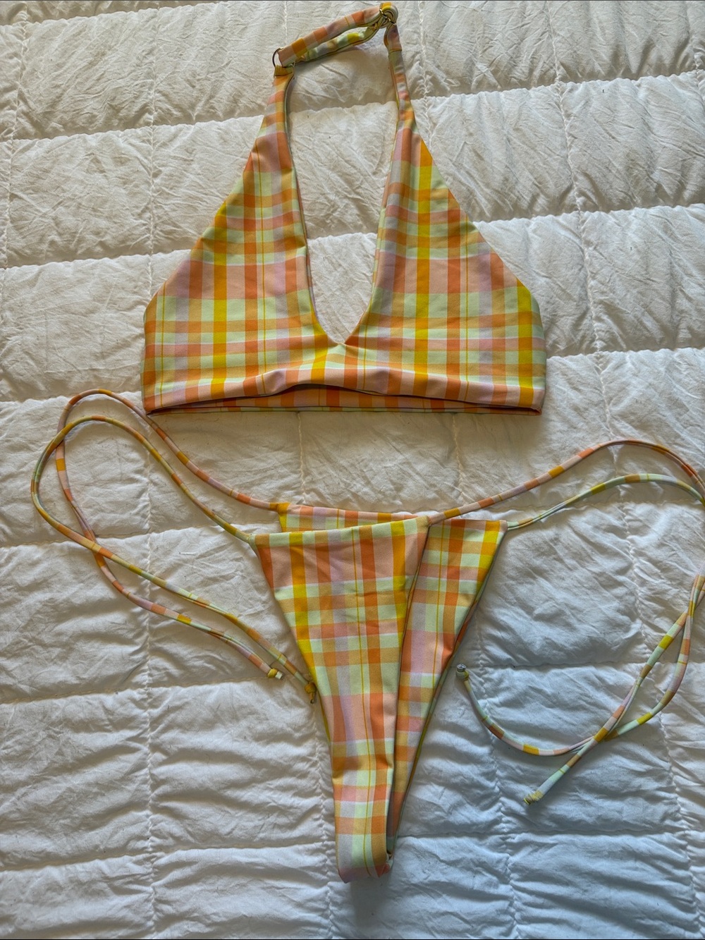 Skatie Yellow Orange Plaid Halter Bikini Set